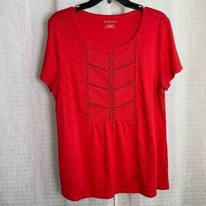 Talbots L Red Crochet Lace Pleated Front Short Sleeve Cotton Modal Tee